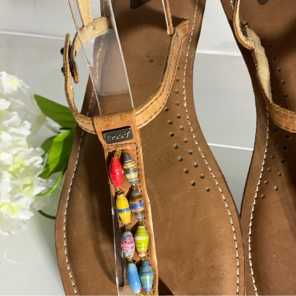 Reef Multi-Color Jewel Beads Between Toe Brown Ankle Strap Sandals Snap Closure. - Picture 5 of 16